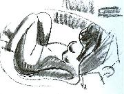 Reclining nude in a bathtub with pulled on legs - black chalk